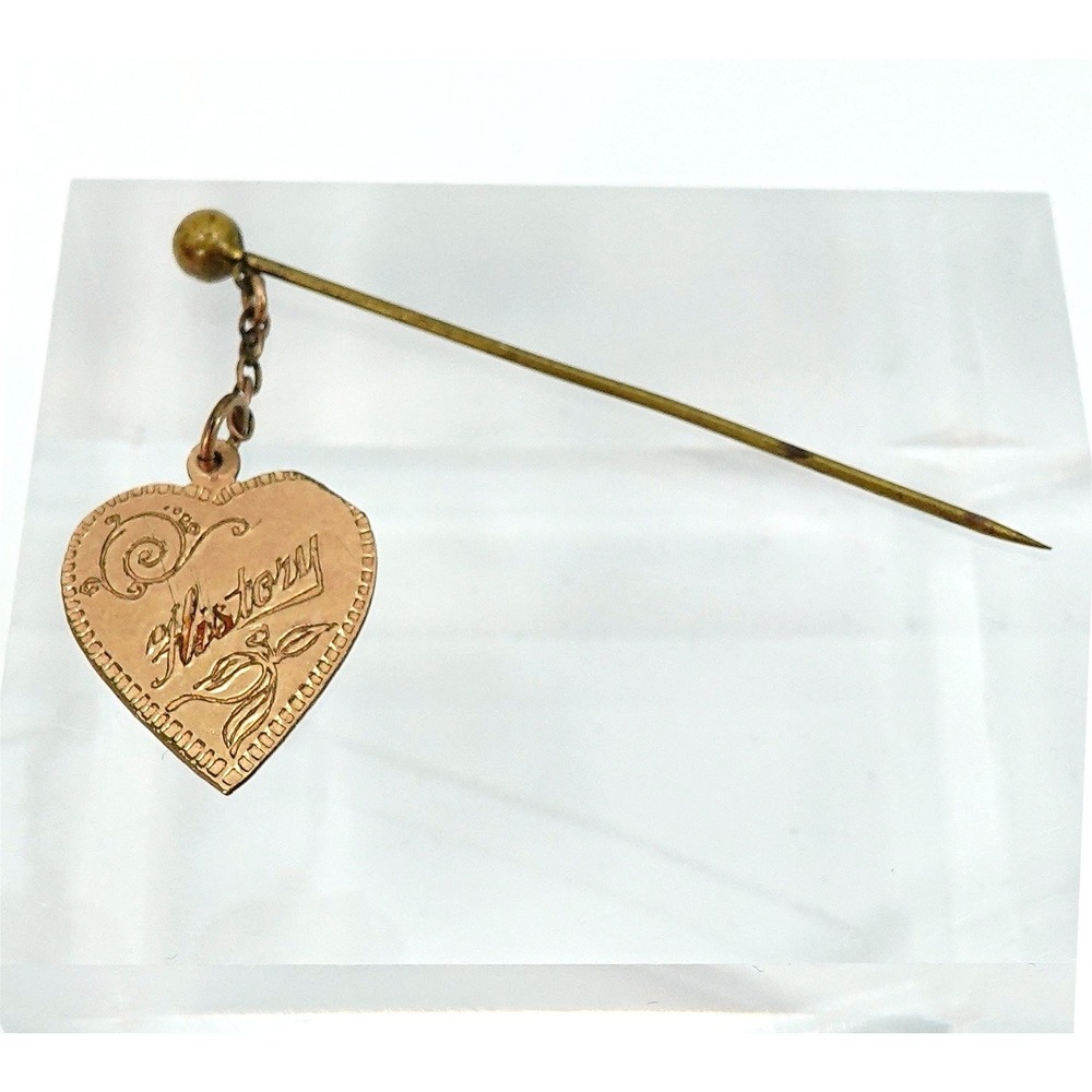VTG Victorian Revival History Heart Charm Stick Pin Gold Tone Dangle Collectible